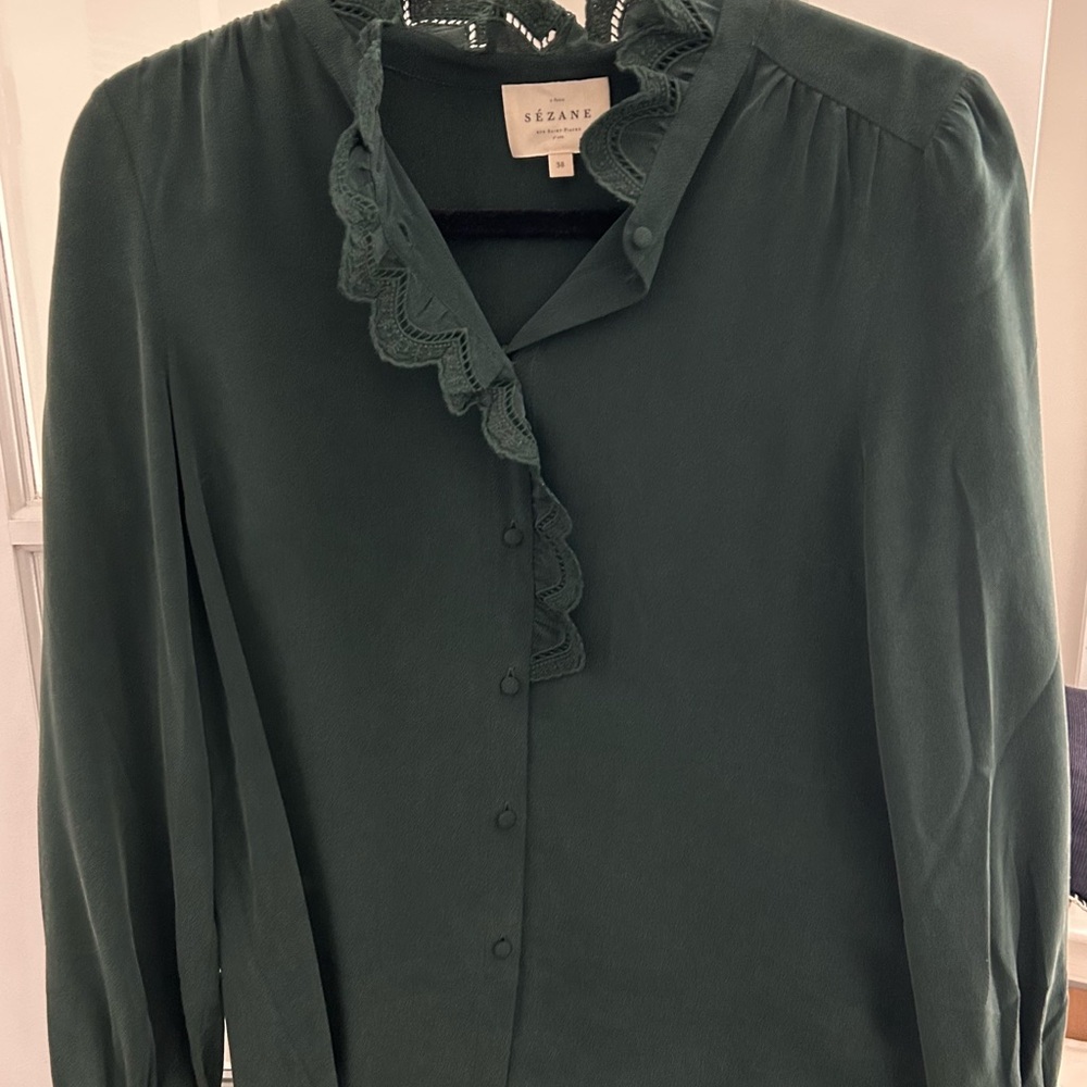 Sezane Forest Green Ruffled Chlo Shirt/Blouse